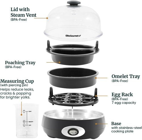 Elite Gourmet Rapid Egg Cooker - Perfectly Cook 7 Hard, Medium, Soft Boiled Eggs | Charcoal Grey