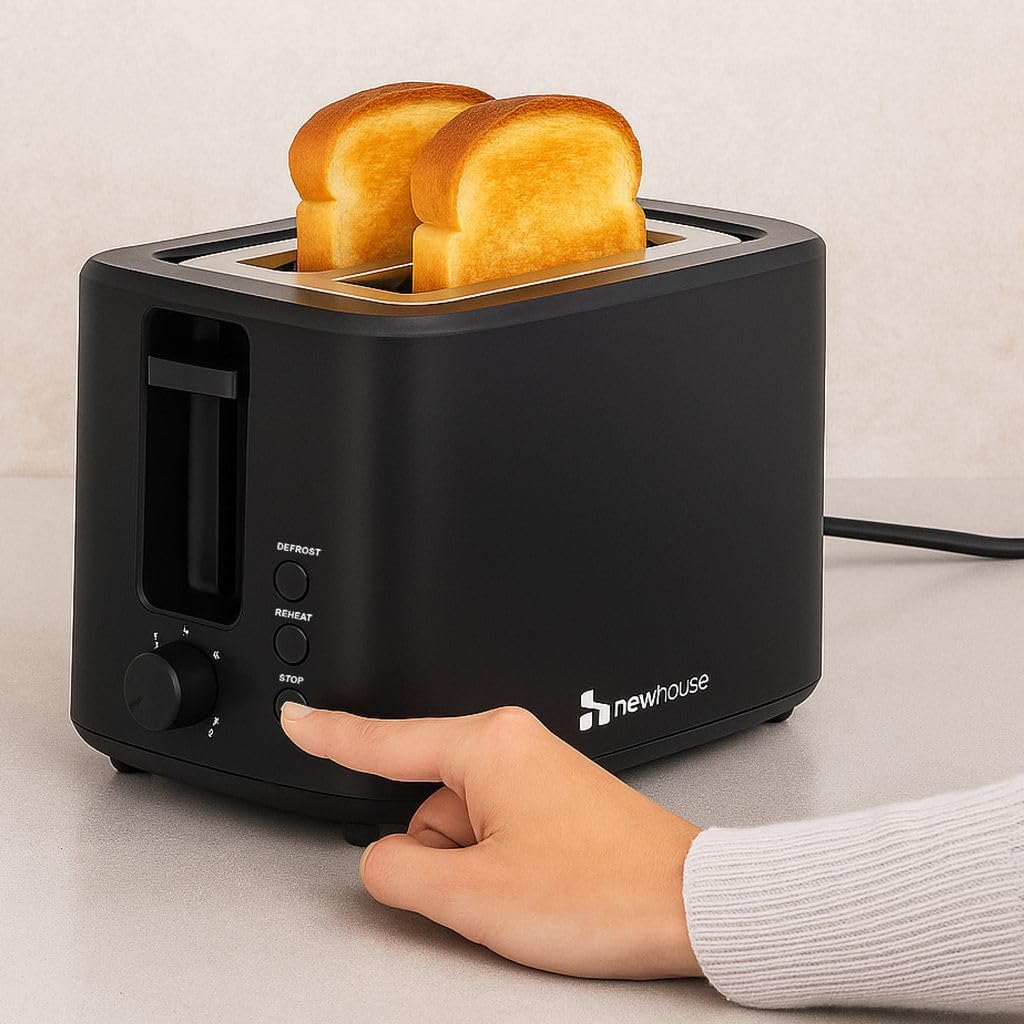 Newhouse 700W Black 2-Slice Toaster - Auto Pop-Up & Shut-Off | Cool-To-Touch Kitchen Essential