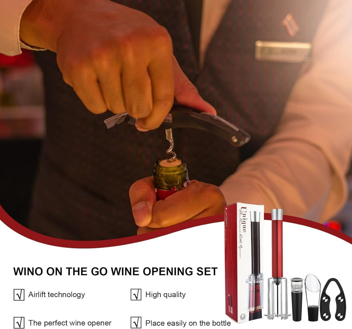 Wino on the go Wine Opening Set,Air Pressure Pump Wine Bottle Opener,Easy Cork Remover Corkscrew,Corkscrew Wine Opener Wine Opener Aluminum Alloy Handle(Red)