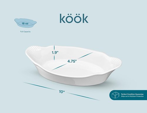Kook Mini Casserole Dishes - Set of 6 Oven & Microwave Safe Ceramic Au Gratin Baking Dishes | 12 oz Ivory