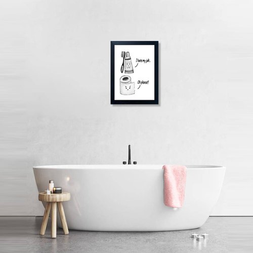 Boswaydeco Kids Bathroom Decor - Cute Black and White Wall Art Print | Funny Toilet Paper & Toothbrush Design