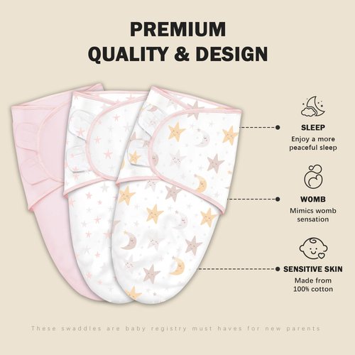 Cute Castle 3-Pack Baby Swaddle Sleep Sacks - Newborn Swaddle Sack - Ergonomic Baby Swaddles Blanket Warp for Boys and Girls - Baby Essentials (0-3 Months - Pink, Moon, Stars)