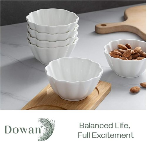 DOWAN Ramekins - 4 oz Flower-Shaped Porcelain Baking Cups | Oven Safe Set of 6 in White