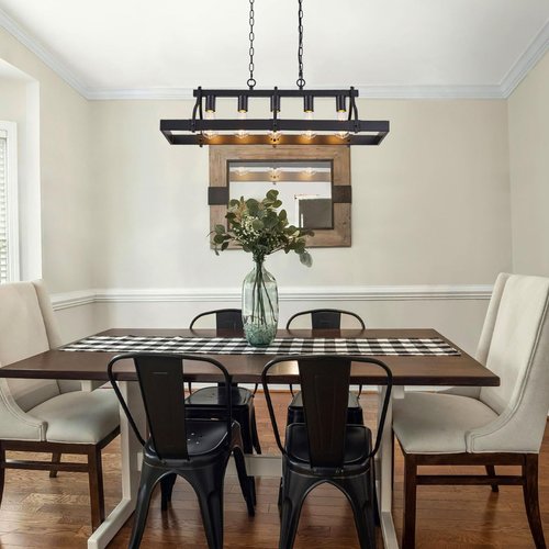 Feohak Indutstiral Black Chandeliers for Dining Room, 5-Light Farmhouse Rustic Light Fixtures Over Table, Modern Linear Rectangular Kitchen Island Ceiling Pendant Lighting