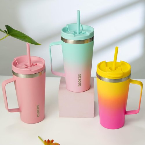 BJPKPK Insulated Tumbler - 22oz Stainless Steel Travel Mug with Handle, Lid & Straw | Pink & Yellow Rose