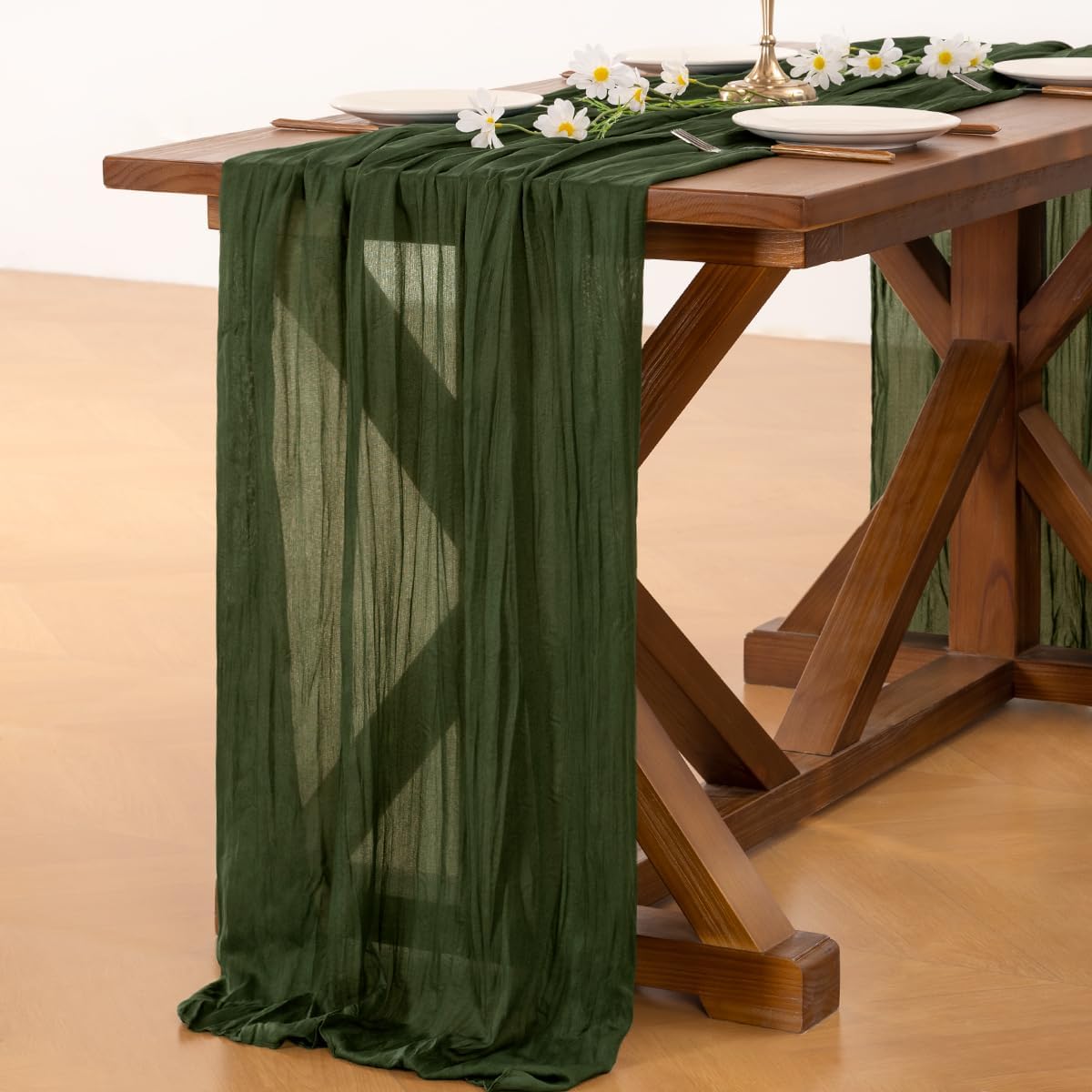 Socomi Olive Green Cheesecloth Table Runner - 120 Inch Rustic Boho Decor for Weddings & Events