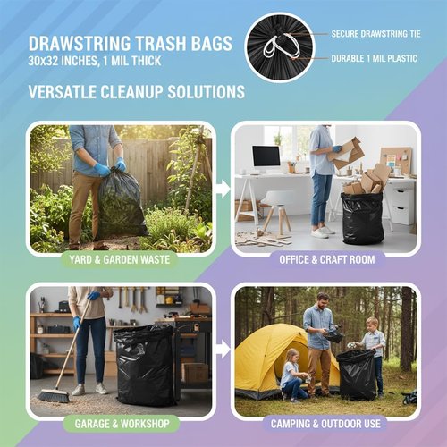 Drawstring Trash Bags | 31 Gallon | 30x32 Inches | 1 Mil Thick | Durable Leak-Proof Garbage Bags with Easy Tie Handles - Perfect for Kitchen, Office, and Commercial Use