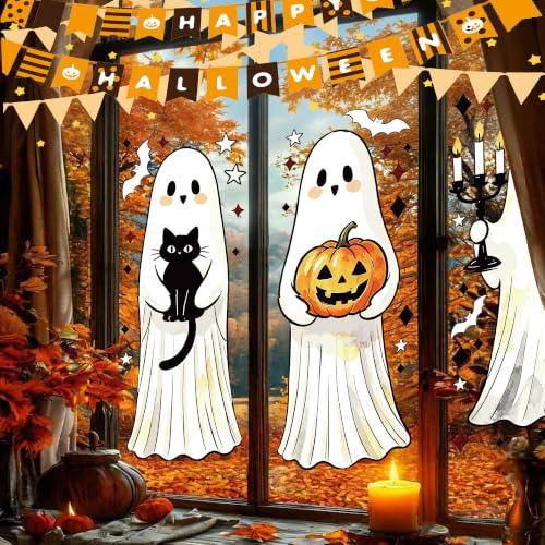 Halloween Window Clings Set - Large Ghost Bats Cats Pumpkins Spooky Decor