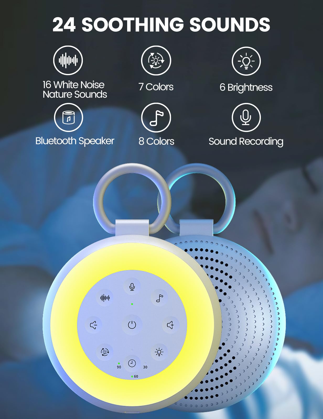 Vaydeer SA18 White Noise Machine with Recording - Portable Sound Machine & Bluetooth Speaker for Baby Adults, 24 Soothing Sounds, Night Light, Noise Canceling for Office, Sleep, Home, Travel
