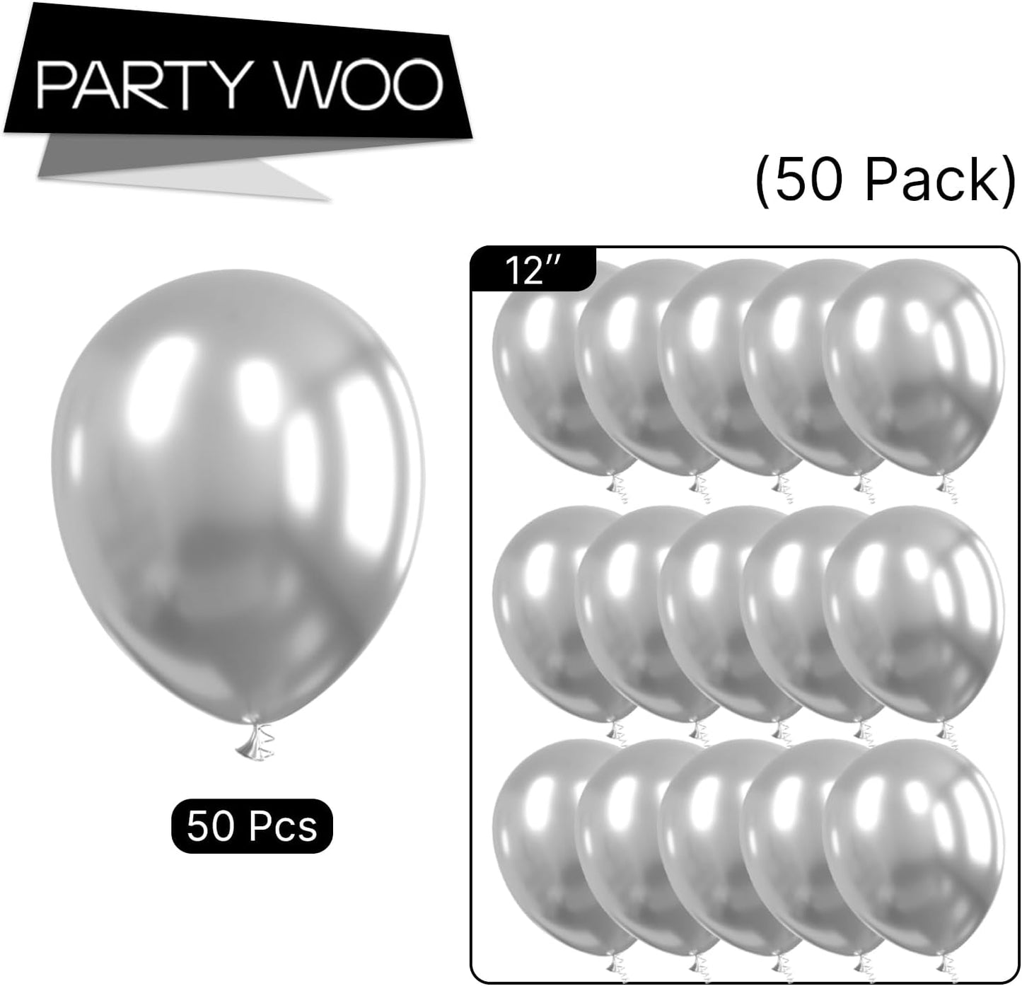 PartyWoo Metallic Silver Balloons - 50 Pcs 12 Inch | Perfect for Wedding & Birthday Decorations