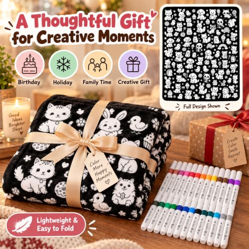 DIY Coloring Blanket with 24 Oil-Based Markers - 59x50in Soft Fabric