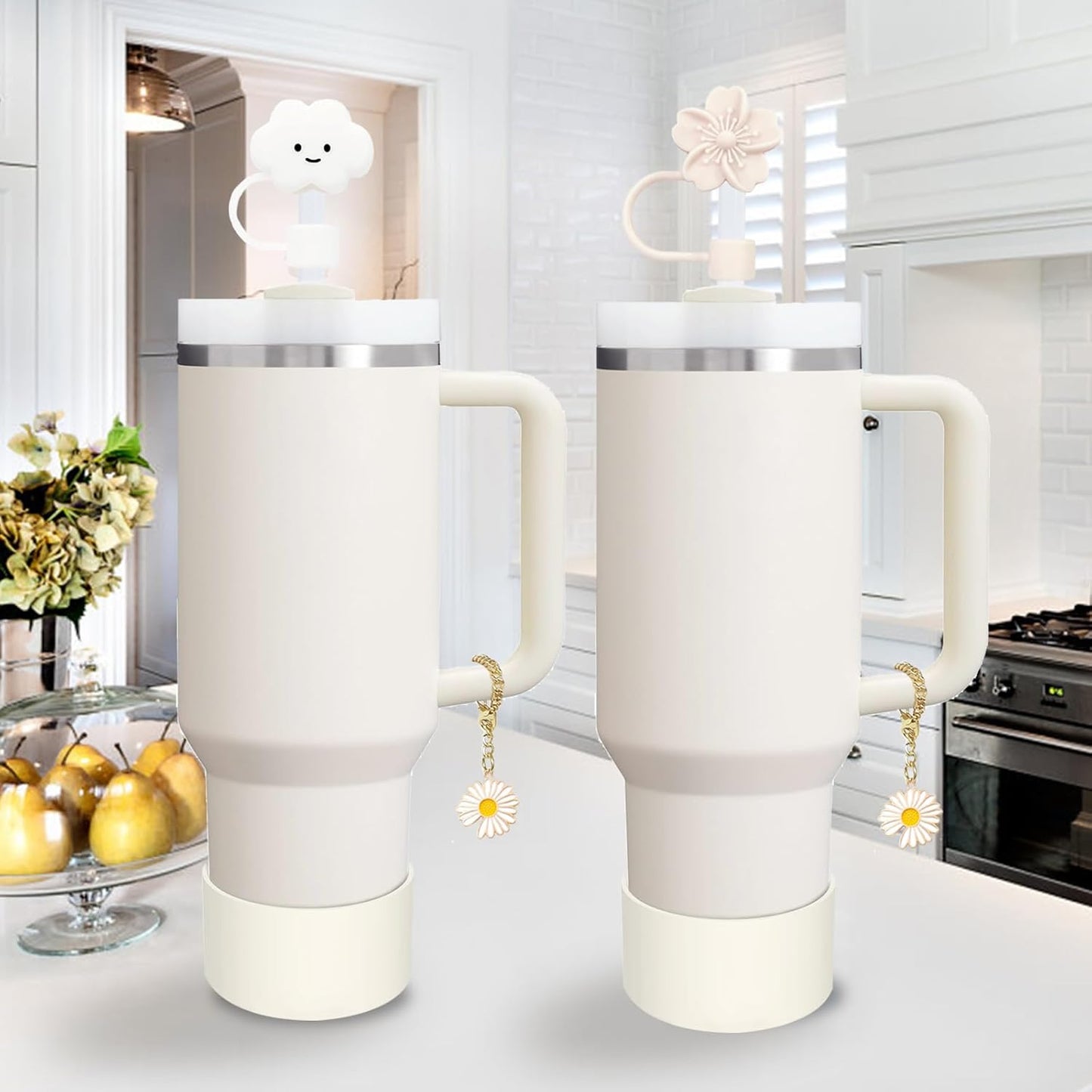 Stanley - Cup Accessories Set with Straw Cover, Spill-Proof Stopper & Flower Handle Charm - Cream