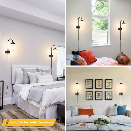 Black Wall Sconces Set of 2, Plug-in Lights With White Glass, Corded Sconce Light, Bedside Lamp Set of Two, Adjustable Wall-Mounted Lights for Bedroom, Living Room