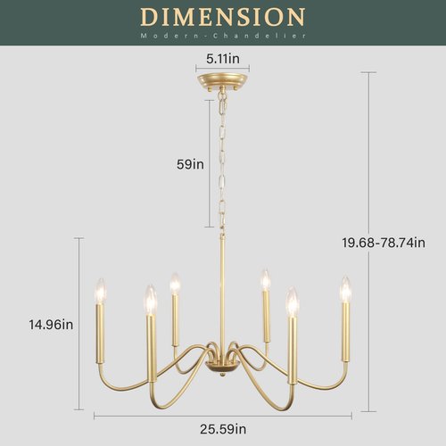 Generies Antique Spray Gold Farmhouse Chandelier, 6 Light Rustic Lighting Fixture Modern Industrial Candle Ceiling Light for Dining Room, Bedroom, Foyer, Living Room, Kitchen Island, Entryway