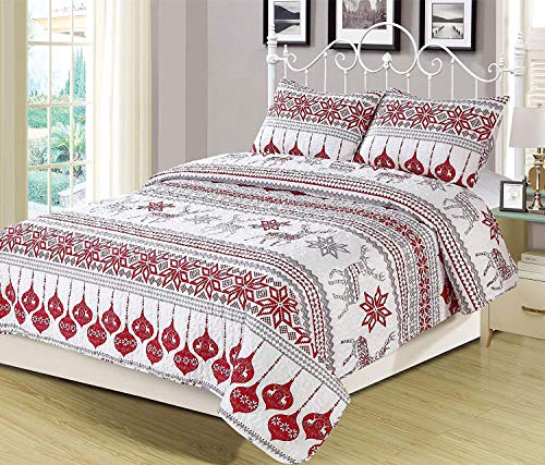 Fair Isle Holiday King Quilt Set - Nordic Snowflakes Reindeer Bedding