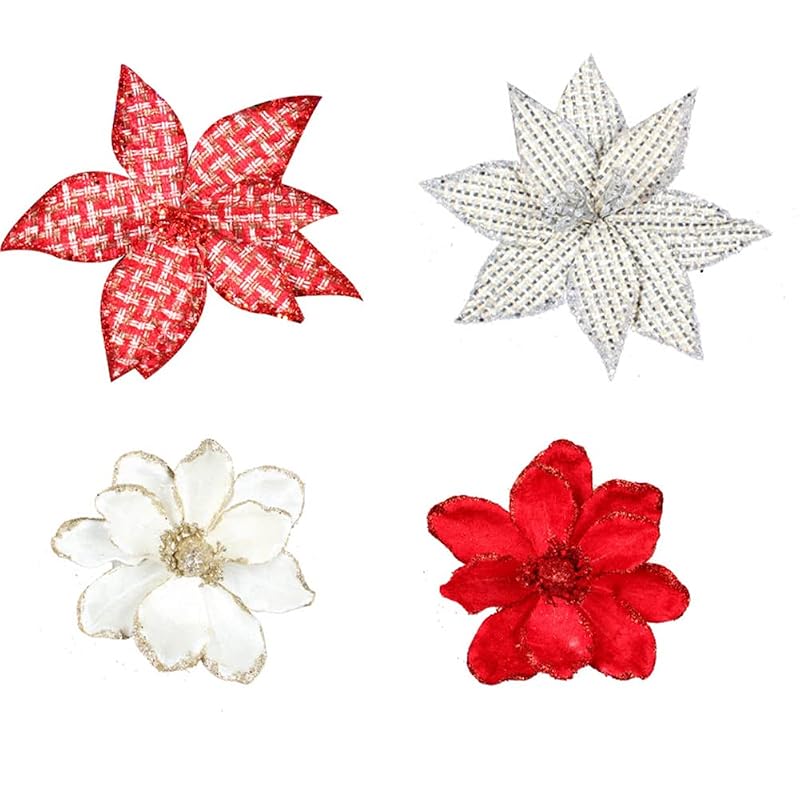 Glitter Poinsettia Artificial Flower 6.3 Inch 10 Pcs Christmas Tree Wreath Ornaments - White (Variation: White a+10)