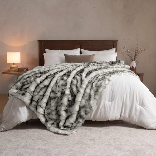 HOMFINE Luxury Faux Fur Blanket - Super Thick Warm Long Fluff Fuzzy Throw Blanket for Bed, Sofa, Couch, Home Decor with Soft Cozy Plush Velvet Back, 50"x60", Off-White with Grey