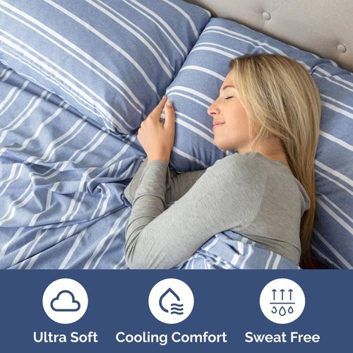 Full XL Bed Sheet - 4 Piece Full XL Bed Sheets Set - Soft, Breathable & Cooling - Hotel Luxury Bedding for Women, Men, Kids, Teens, Boys & Girls - Deep Pockets, Fade and Wrinkle Free - Blue Stripes