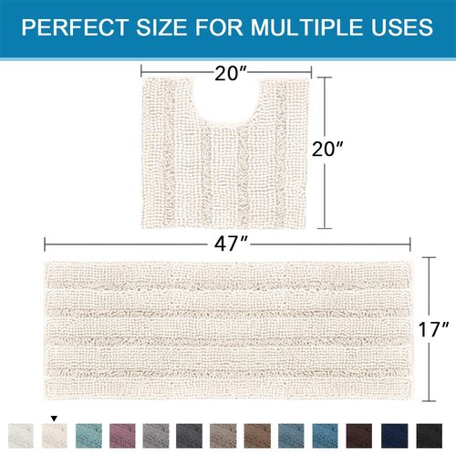 H.VERSAILTEX Bathroom Rugs Bath Rug Set 2 Piece Bathroom Contour Rug Toilet Mat Sets Non Slip Contour Bath Rug Ultra Thick Water Absorbent Striped Bath Mats Washable(47" x 17" Plus 20" x 20" U, Ivory)