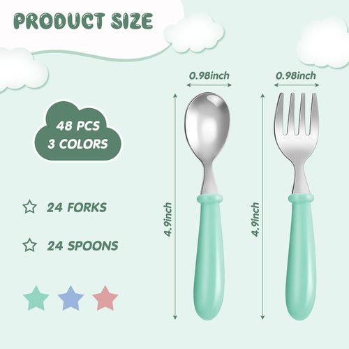 Dandat 48 Pcs Toddler Utensils Kids Silverware Set Stainless Steel Baby Forks and Spoons Toddler Safe Flatware Metal Kids Cutlery with Round Thick Grip Handles for Self Feeding, Dishwasher Safe