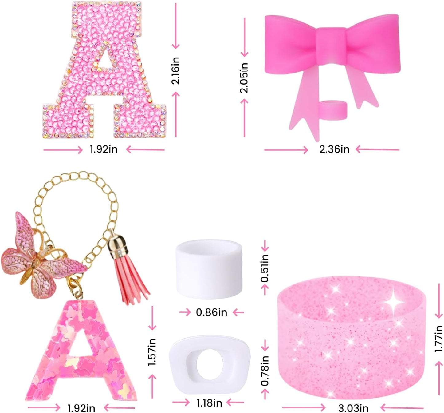 Stanley Cup Accessories Set - 6PCS Pink Initials Decorations for 30oz & 40oz Cups | Includes Bow Straw Topper, Handle Charm, Letter Sticker, Silicone Boot, Spill Proof Stopper (Letter A)