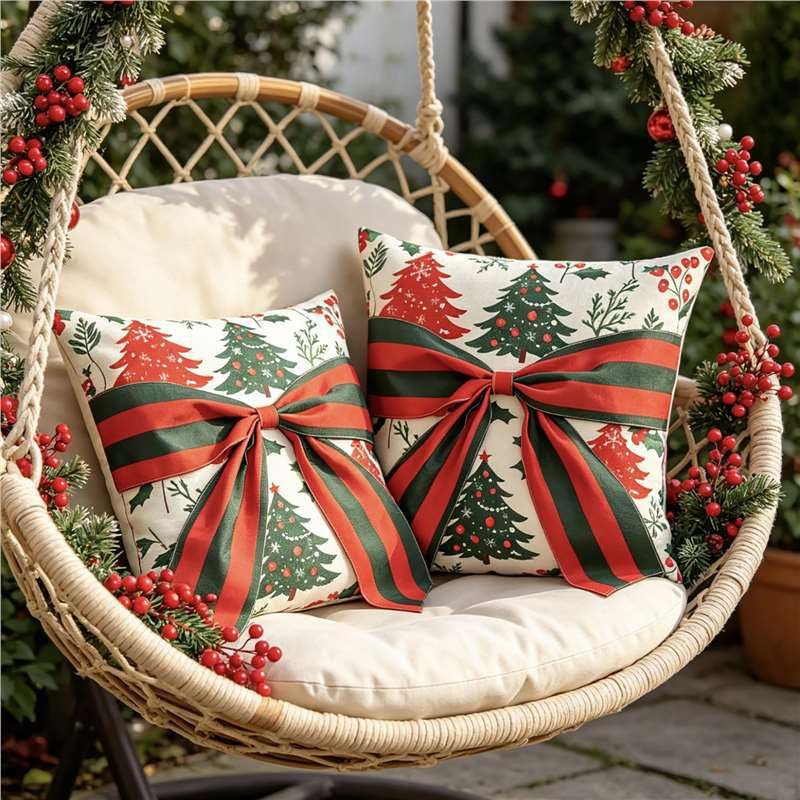 Christmas Pillow Covers 18x18 Inches Set of 2 - Red Pine Cones & Green Plant Prints