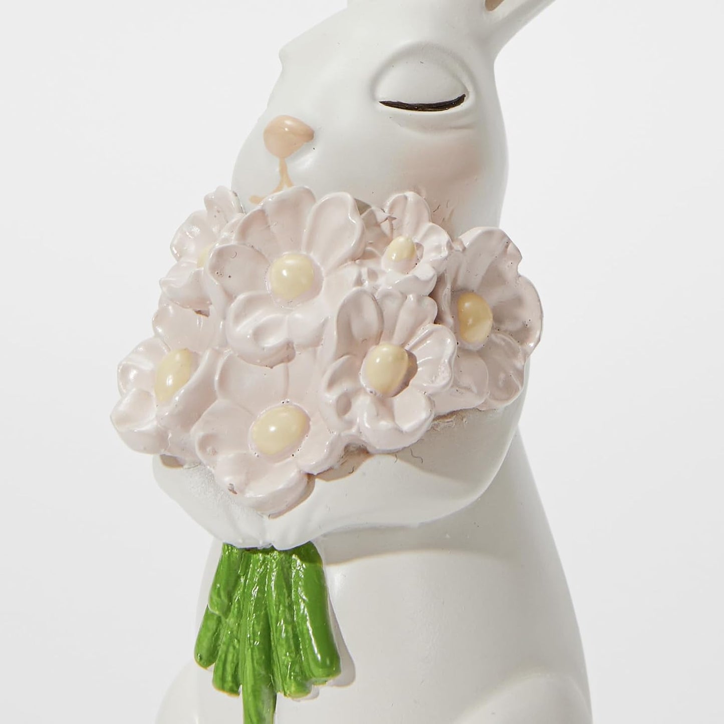 WDS Wondrous Bunny Figurines Set - Cream White Bunnies with Pastel Flower Bouquets | Cute Spring Home Decor Statues (Set of 2)