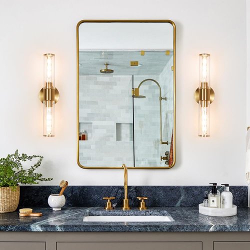 Gold Wall Sconces Set of 2, Hardwired Bathroom Vanity Light Fixture, Brass Sconce Wall Lighting, Modern Wall Light Set of Two, Cylinder Lamp for Bathroom Mirror Hallway Bedroom (Bulbs Required)