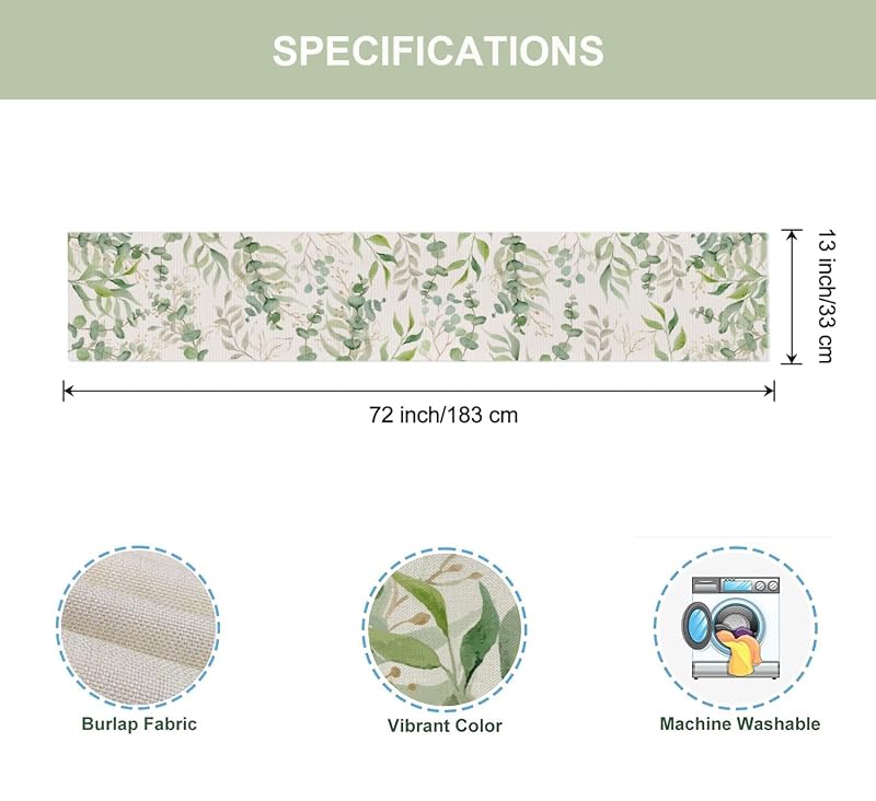 Spring Light Green Eucalyptus Table Runner 13x72in - Indoor Outdoor Decor (Variation: Light Green Eucalyptus Leaves+13"W x 72"L)