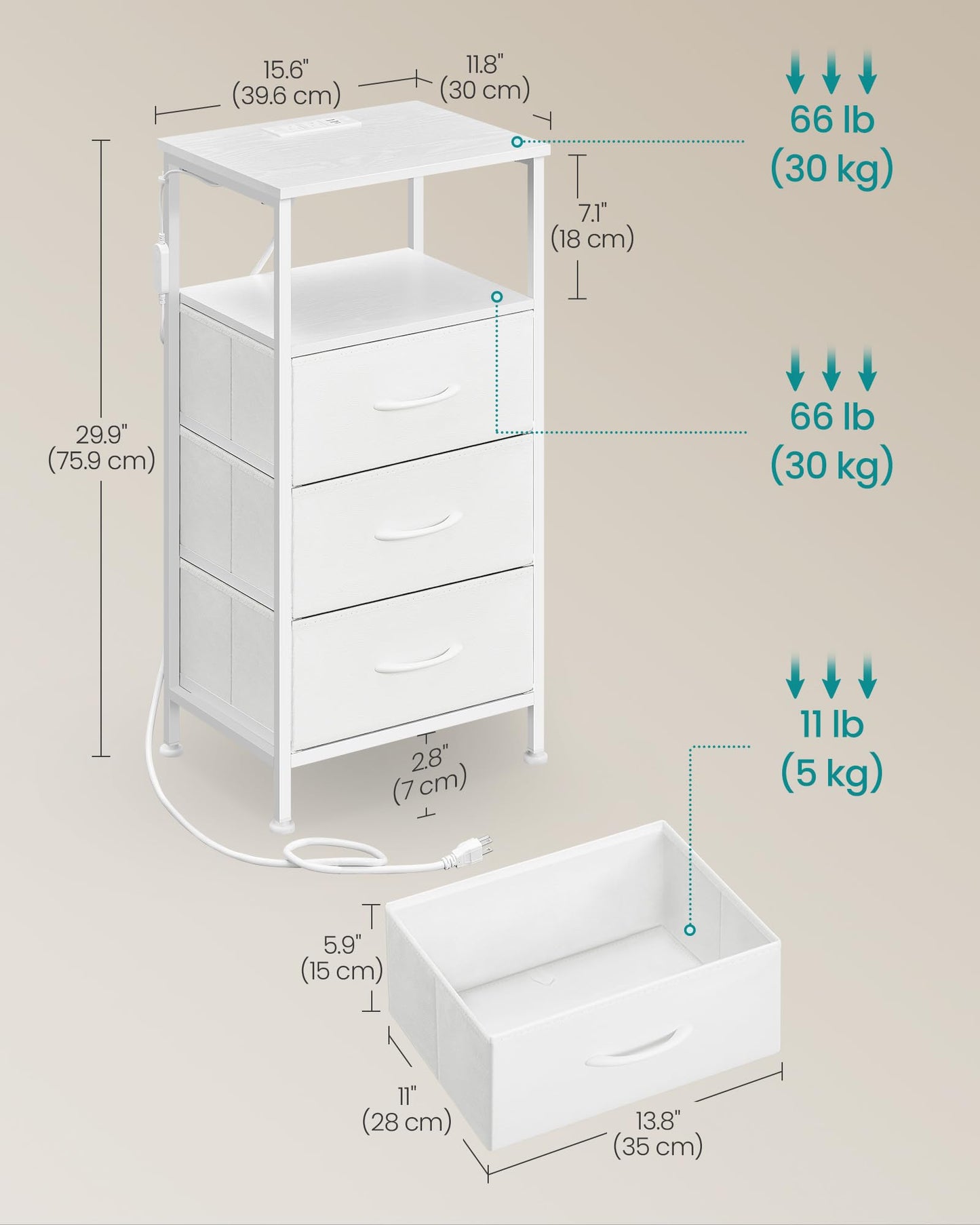 SONGMICS BELLAH Collection - Nightstand with Charging Station and App-Controlled Adjustable LED Lights, Bed Side Table, 3 Drawer and 1 Open Shelf, Bedroom, Cloud White and Snow White ULGS303WH01S