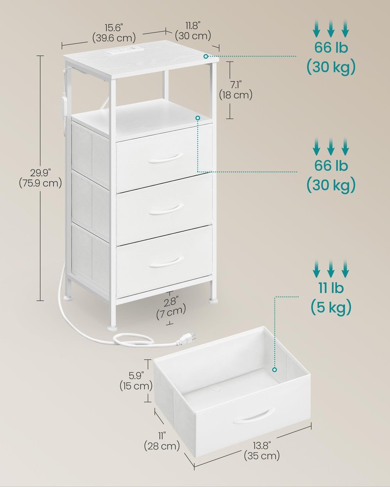 SONGMICS BELLAH Collection - Nightstand with Charging Station and App-Controlled Adjustable LED Lights, Bed Side Table, 3 Drawer and 1 Open Shelf, Bedroom, Cloud White and Snow White ULGS303WH01S