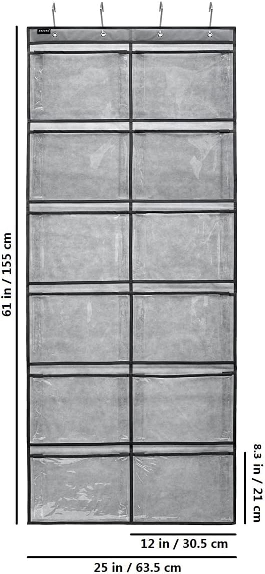 Skiennix Extra Large Shoe Organizer - Hanging Rack with 12 Clear Pockets | Grey Bedroom & Bathroom Storage