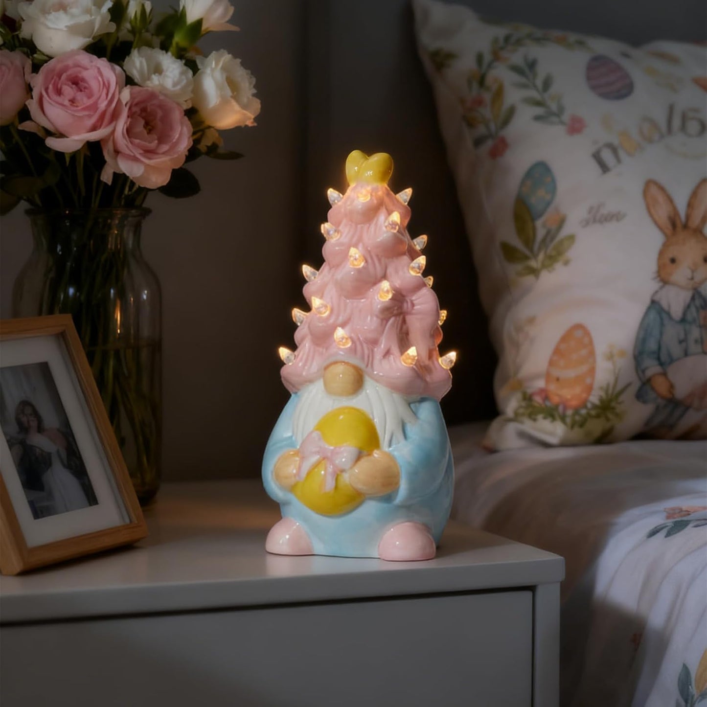 WDS Wondrous Lighted Gnome Figurine - Ceramic Battery Operated LED Easter Decor | Pink Hair Holding Egg, Spring Table Centerpiece