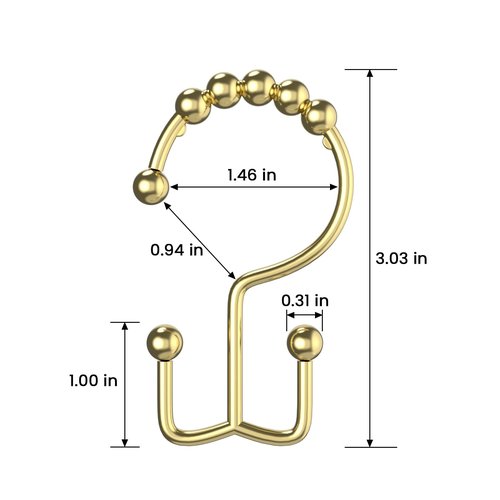 BATHDESIGN Shower Curtain Hooks Rings, Rust Proof Stainless Steel Shower Curtain Hooks Double Sided for Bathroom Shower Rods Curtains, Set of 12, Gold