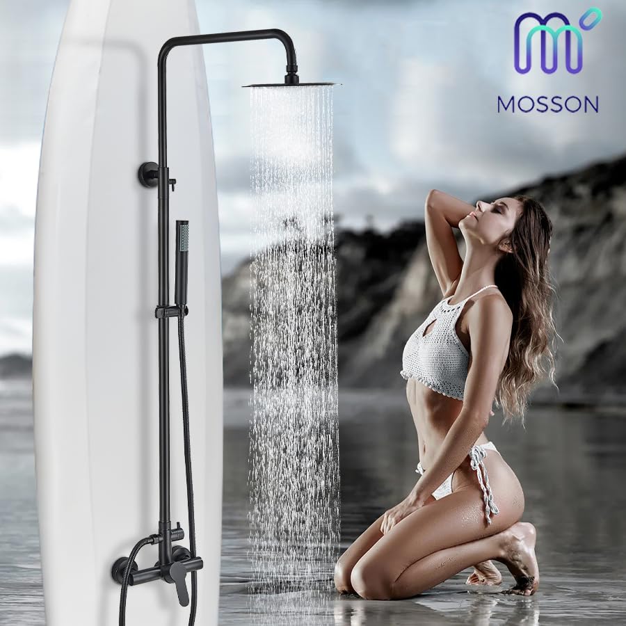 MOSSON Antique Brass Shower System Bathroom Shower Faucet Set with 8 Inch Shower Head Handheld Spray and 360 ° Rotation Tub Spout 2 Cross Handles Outdoor Shower Fixtures