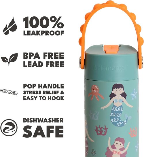 Elemental Kids Insulated Water Bottle - Stainless Steel, Leak-Proof with Straw Lid & Pop-It Handle, 18oz | Mermaid Sisters