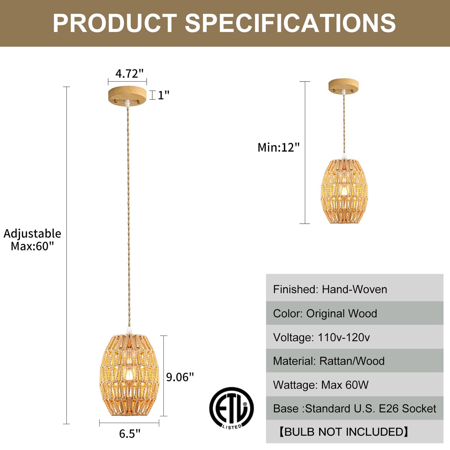 XIYOUVE 3-Light Rattan Pendant Light, Boho Chandelier Light Fixture, Small Wicker Light Fixture, Wicker Chandelier, for Bedroom Kitchen Island