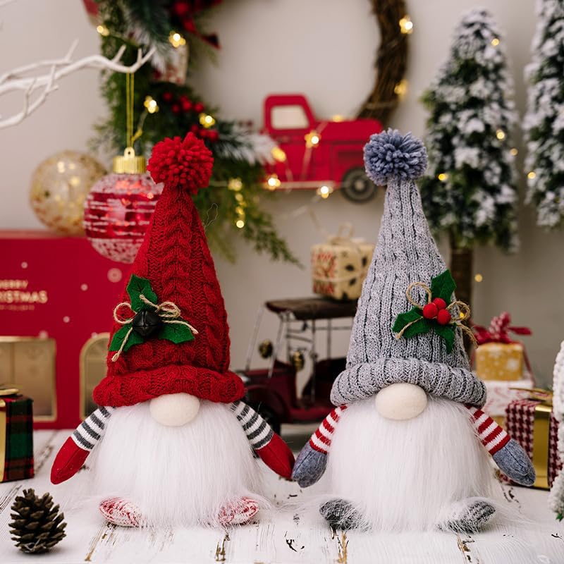 Skiennix Lighted Christmas Gnome Ornaments - 2 Pack LED Battery Operated Decor (Red & Grey)