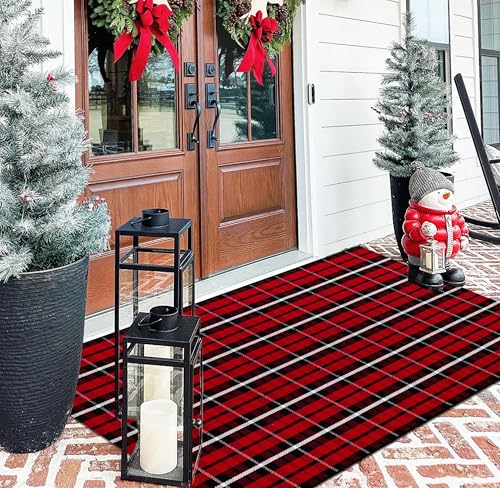 Christmas Outdoor Rug 3x5 ft Red Black Buffalo Check Front Porch Mat - Layering Decor