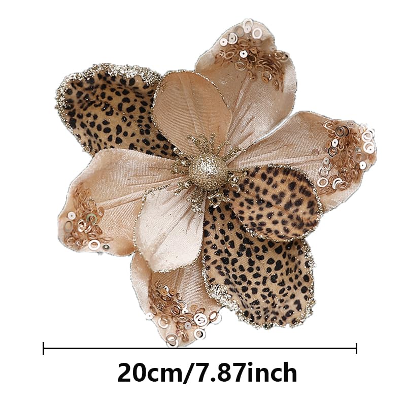8 Pieces Glitter Leopard Print Christmas Magnolia Flowers - Champagne