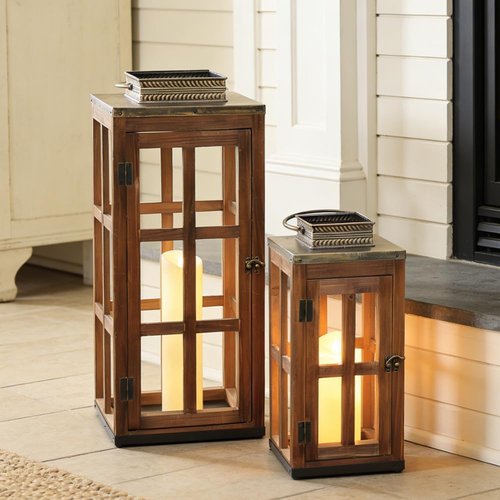 DECORKEY Large Rustic Wooden & Metal Lantern Set - 28''/20'' H Indoor/Outdoor Candle Holders | Dark Brown
