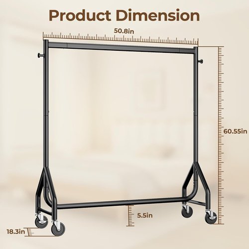 HYSEYY Heavy Duty Rolling Clothes Rack - 420 LBS Capacity, Portable Metal Garment Rack, Black, 48 Inches