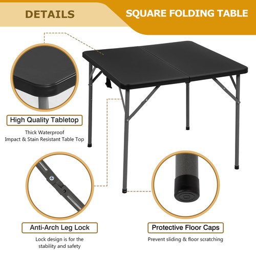 FDW 34" Folding Card Table Plastic Table Portable Square Height Dining Table Perfect for Party and Parties Backyard Events, Black