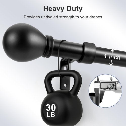 Black Curtain Rods for Windows 45 to 48 Inch, Heavy Duty Decorative Curtain Rods with Matte Black Lamp Style Finials, Adjustable 1" Diameter Metal Drapery Pole Set for Windows(S)