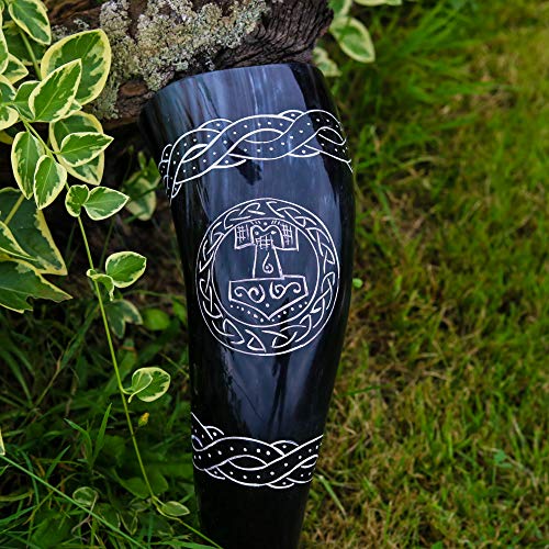 VikingsBrand Handcrafted Viking Drinking Horn with Thor Hammer - 12 Inches, Food Safe Medieval Norse Mug