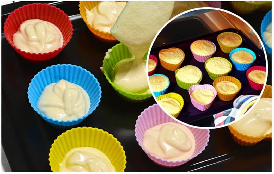 Skiennix Reusable Silicone Cupcake Baking Cups - Non-Stick Muffin Liners in 6 Rainbow Colors | 24 Pack, 2.75 Inch