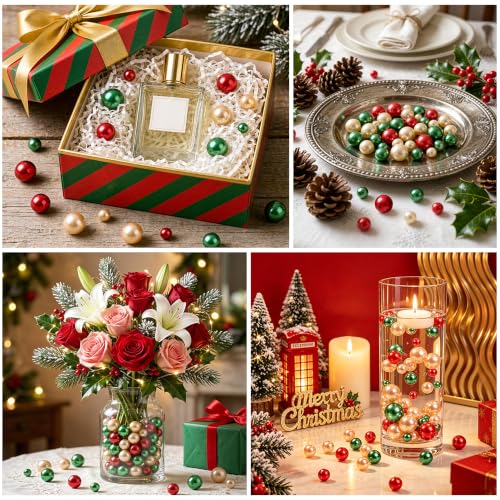 225PCS Christmas Vase Filler Beads - Red Green Champagne Gold No Hole Pearls for Decor & DIY Crafts
