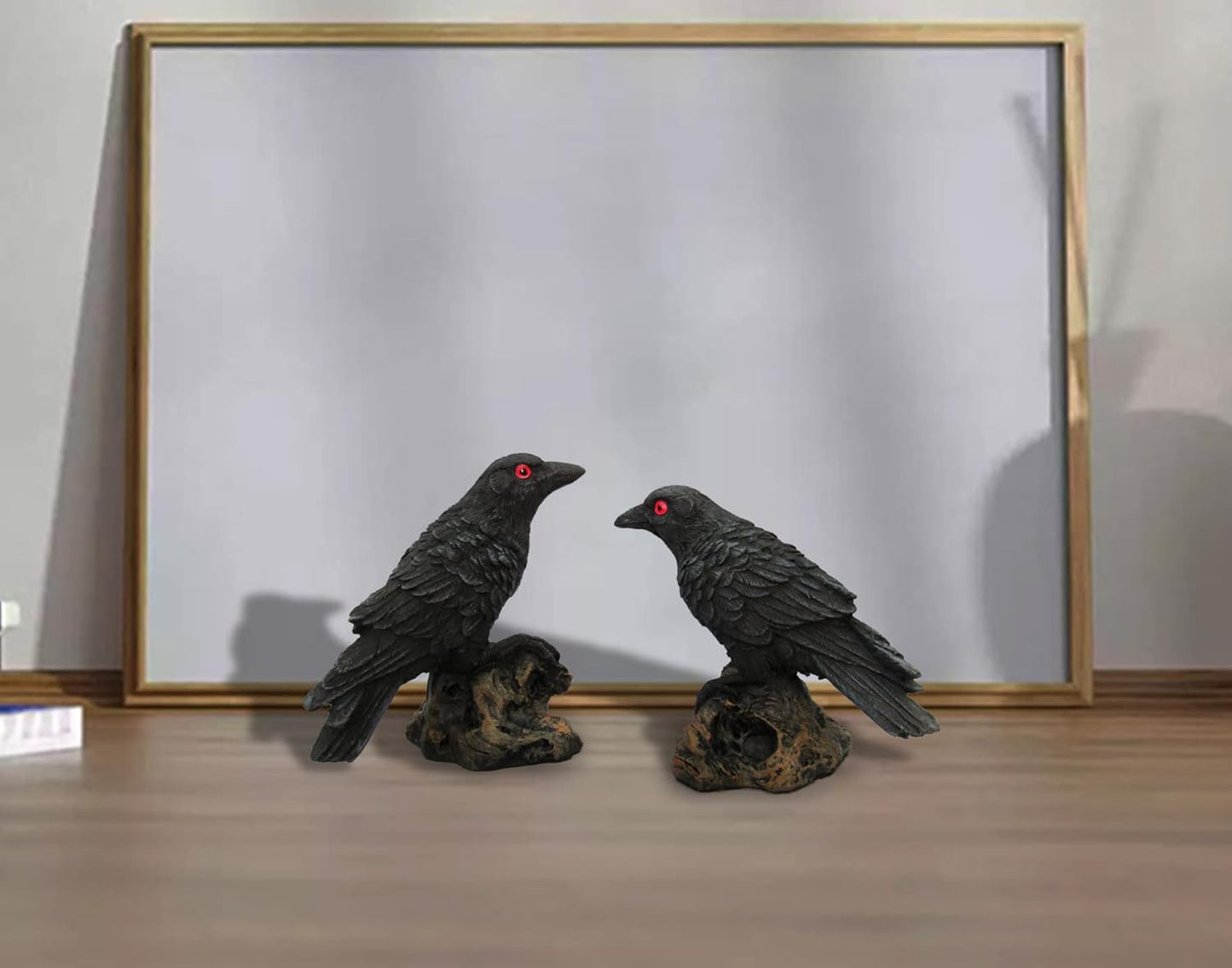 Skiennix 2PCS Resin Crow Raven Statues - Black Bird Halloween Decor | Realistic Model