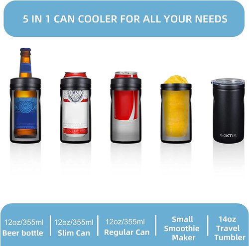 COKTIK 5 in 1 Insulated Can Cooler, 8 Pack Double Wall Slim Can Cooler Set for 12 oz Regular or Slim Cans & Beer Bottle (Black)