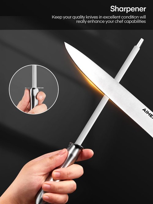 Knife Set, Aiheal 14PCS Kitchen Knife Set with Acrylic Knife Stand, No Rust and Super Sharp Knife Set Stainless Steel in One-Piece Design with Knife Sharpener for Kitchen, Include Steak Knives